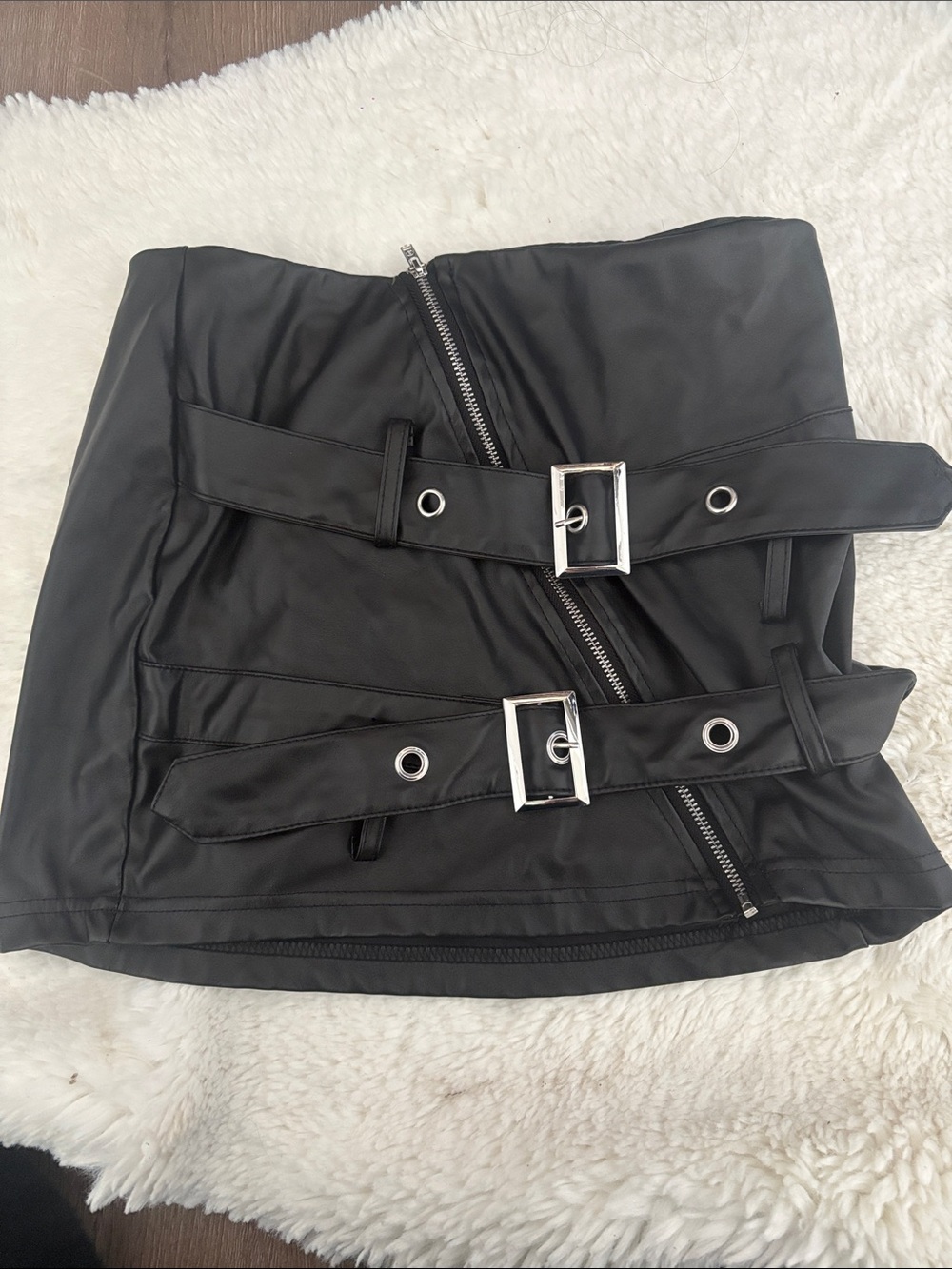 Black Faux Leather Buckle Mini Skirt